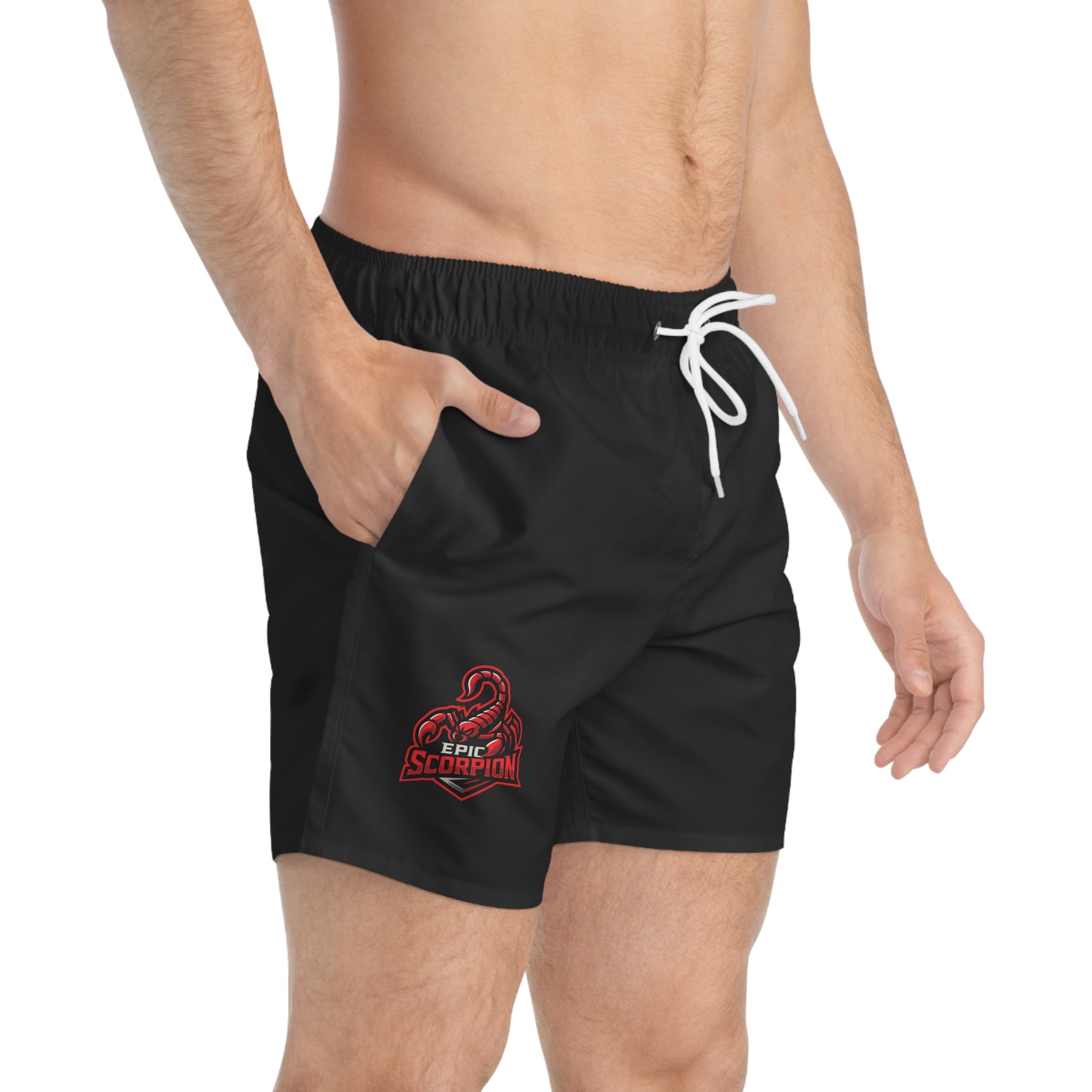 Scorpion Logo Swim Trunks – Black Athletic Beach Shorts
