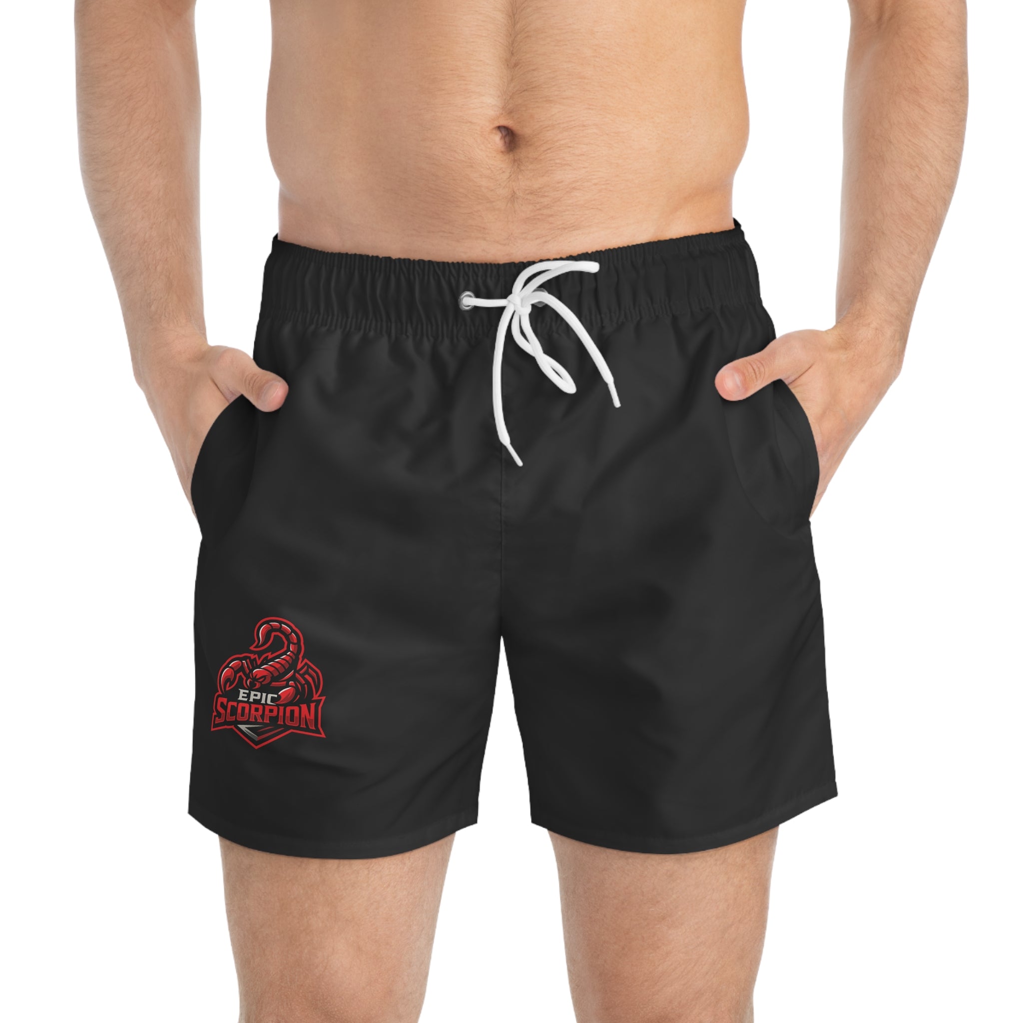 Scorpion Logo Swim Trunks – Black Athletic Beach Shorts